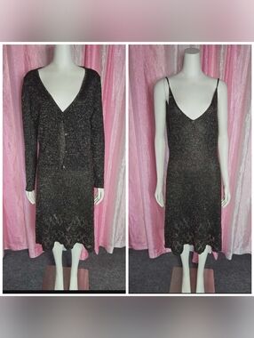 Moda International Metallic Knit Shimmer 2 Piece Dress & Cardigan Size Large